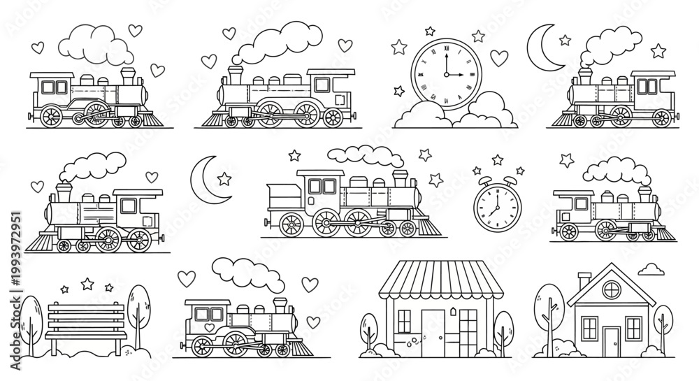 Naklejka premium Vintage steam train line art with whimsical elements