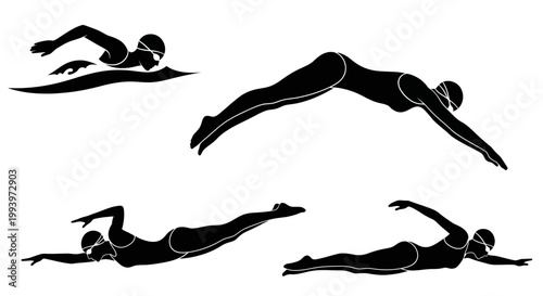 Swimmers in motion silhouette set