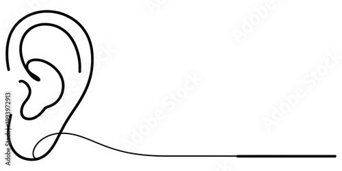 A minimalist black and white line art illustration featuring a single human ear drawn with one continuous stroke. Vector, illustration