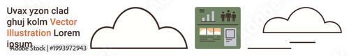 Technology, cloud storage, big data, digital communication, data analytics, business presentation. Includes graphical interface, people and cloud outlines. Cloud storage and big data concepts