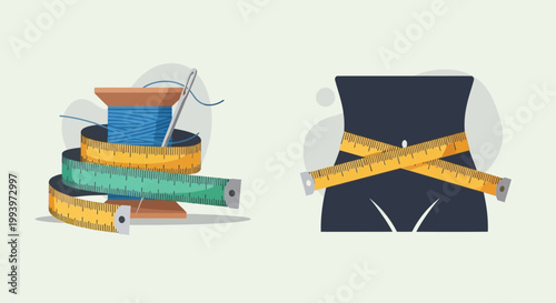 Sewing thread spool and measuring tape with waist silhouette