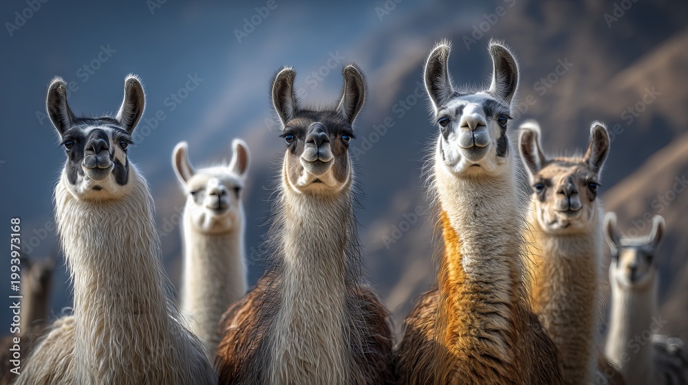 Fototapeta premium Group of llamas standing in a line with long necks raised outdoors