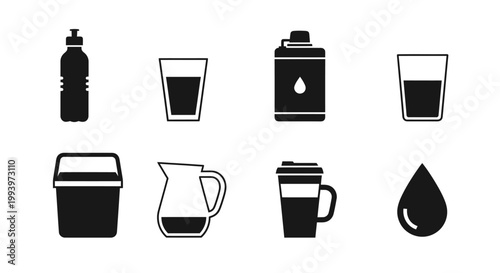 Set of black icons for drinks and water containers