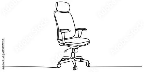 A single continuous line drawing of an office chair showing the seat, backrest, armrests and wheels on a base. Vector, illustration