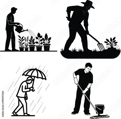 Gardener Farmer Working in Garden Silhouette