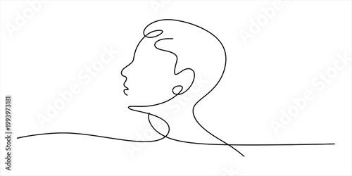 A minimalist black and white continuous line drawing of a human head in profile, emphasizing simplicity and abstract form. Vector, illustration