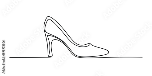 A minimalist black and white line art drawing of a single high-heeled shoe, elegantly depicted with a continuous line, symbolizing fashion and style. Vector, illustration