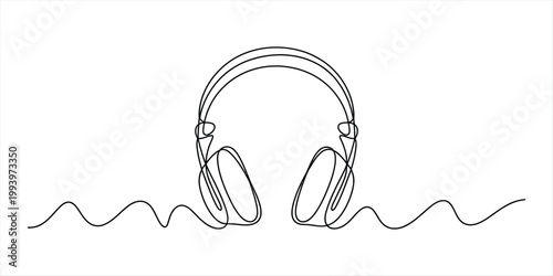 A minimalist single-line drawing of a pair of headphones with a sound wave extending from each earcup, symbolizing music and audio. Vector, illustration