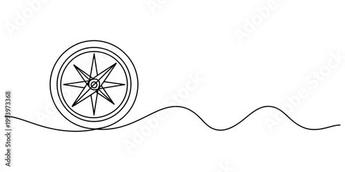 A black and white line drawing of a compass resting on a rolling wave representing travel and the navigation. Vector, illustration
