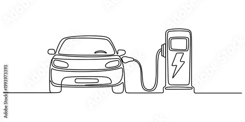 A single continuous line drawing of an electric vehicle parked at a charging station with a plug in connection. Vector, illustration