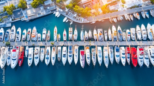 Aerial View of Marina with Boats Docked in Parallel Rows and Clear Water