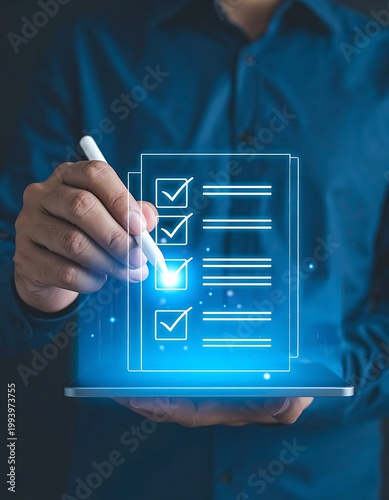 A man interacts with a glowing checklist on a tablet
