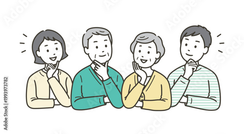何かを考えて納得し笑顔になる高齢者夫婦と若い夫婦
