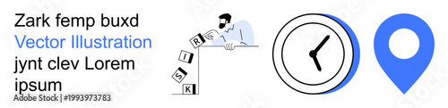 Risk analysis, project planning, time management, navigation, process optimization, workplace strategy. Man arranging risk cubes, clock and location pin. Risk analysis and project planning concept