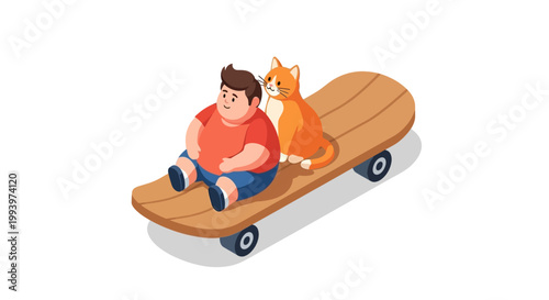 Boy and Cat Ride a Skateboard Together, Enjoying Fun Times.