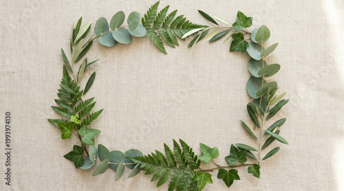 Green Leaves Frame Flat Lay Background with Copy Space