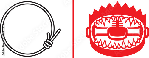 Minimalist vector illustration of a black rope noose and a red bear trap icon isolated on white background