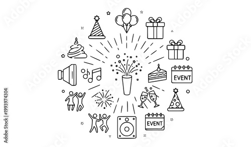 Celebration and party icons circle with party hat gift box line art party popper celebration birthday