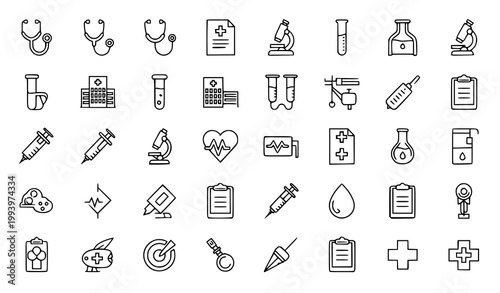 Medical and healthcare icons collage including stethoscope hospital syringe microscope heartbeat