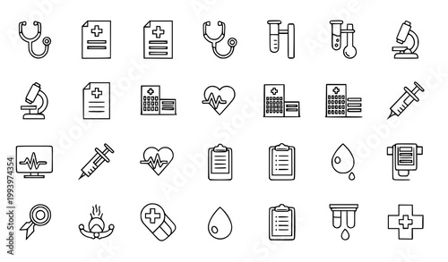 Medical and healthcare icons grid with hospital stethoscope syringe microscope heartbeat, medical care