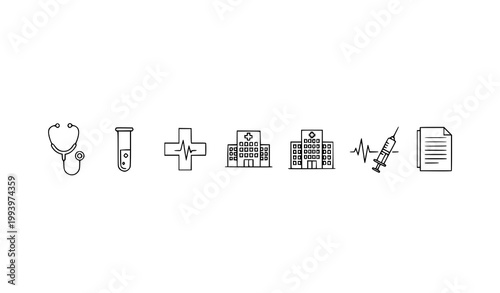 Medical icons set with stethoscope test tube hospital syringe heartbeat first aid vital signs healthcare