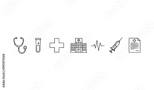 Healthcare icons set with stethoscope test tube hospital syringe heartbeat first aid vital signs hospital