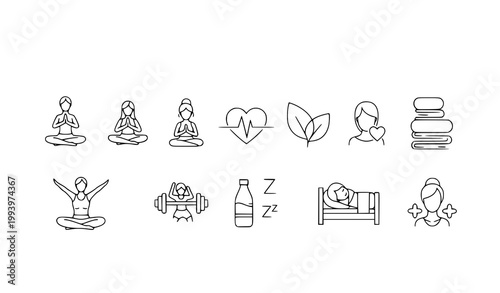 Yoga meditation healthy lifestyle fitness icons set with water bottle meditation wellness mindfulness