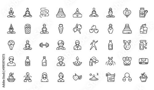Healthy lifestyle icons variety pack with water bottle body care meditation vegetable relaxation
