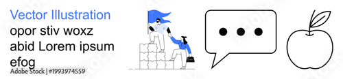 Teamwork, collaboration, communication, education, healthy lifestyle, minimalism. Two people working together climbing blocks, a speech bubble with three dots and an apple outline. Teamwork