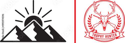 Hunting and outdoor vector icons set with mountains sun and deer skull trophy hunter emblem isolated on white background