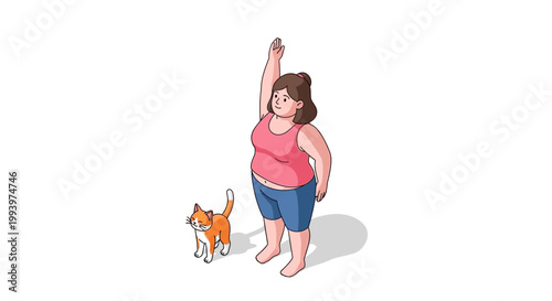 Cartoon depiction of a woman with a cat, posing happily.