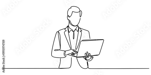 A single line drawing illustration of a male professional businessman working on his portable laptop computer now. Vector, illustration