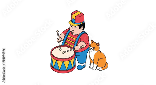 Cartoon Drummer Boy Playing Drum with Cat Companion.