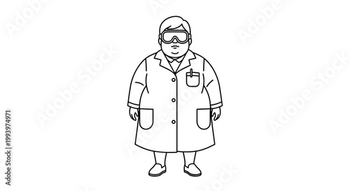 Cartoon scientist wearing safety goggles and a lab coat stands ready.