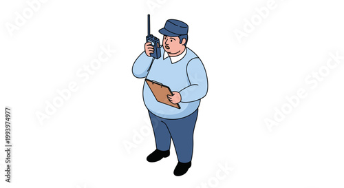 Cartoon Security Guard Holding Radio and Clipboard, Ready to Work.