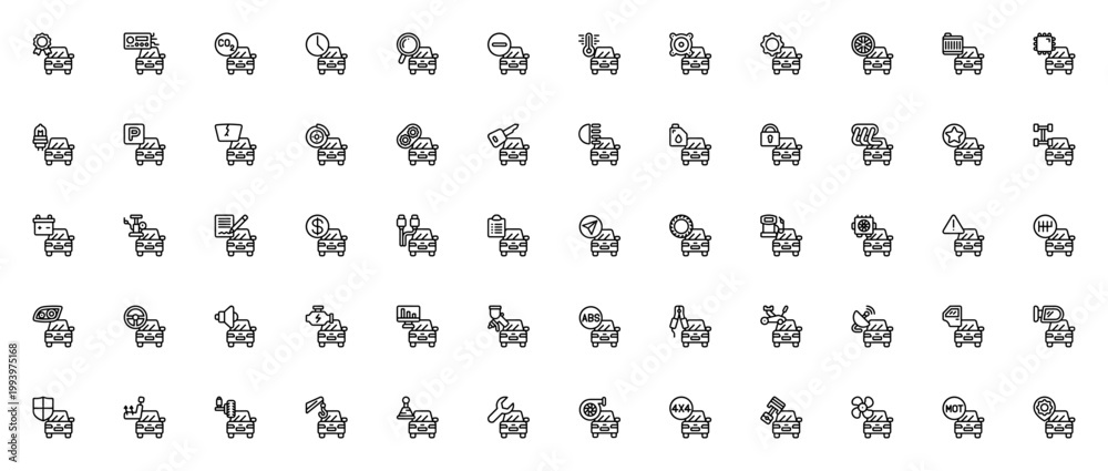 Fototapeta premium Car Service icon set. Auto repair vector icons. Includes symbols for engine, battery, tire, gear, steering wheel, tools, diagnostics and more. Editable stroke.