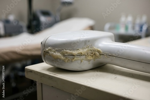 Macro close-up of a medical laser handpiece base with hardened cooling gel and cream