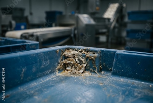 Macro close-up of a fish sorting bin edge encrusted with coagulated protein foam and slime