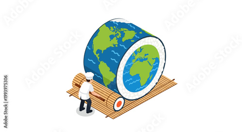 Chef Carefully Maneuvering Earth Sushi on a Wooden Raft.