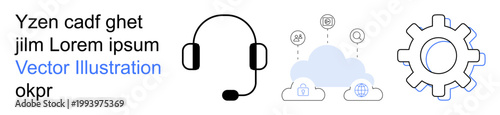Customer support, cloud technology, data transfer, IT services, software settings, communication tools. A headset, cloud with icons and a gear symbol. Customer support and cloud technology concepts