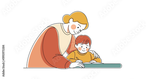 During Take Our Daughters and Sons to Work Day, a caring mother assists her young son with his homework, the close-up illustration rendered with clean lines and a limited color palette