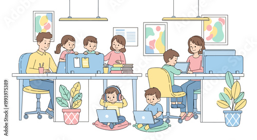 Children are participating in Take Our Daughters and Sons to Work Day, with kids sitting and standing at desks alongside adults in a bright, modern office, all working on laptops