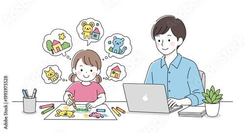 During Take Our Daughters and Sons to Work Day, a young girl draws with crayons at a table while her father works on a laptop, both surrounded by thought bubbles in a clean, bright