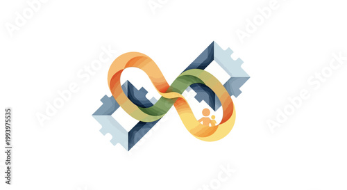 Watercolor illustration shows a parent and child celebrating Take Our Daughters and Sons to Work Day, depicted with an infinity symbol constructed from building blocks on a clean white