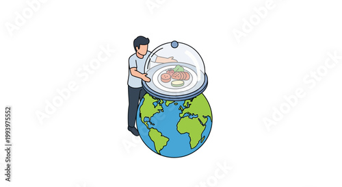Chef presenting food on a globe, representing global cuisine concept.