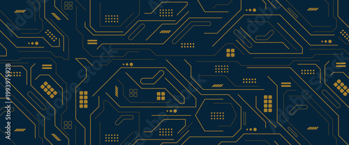 Circuit board background. Technology connected gold lines with electronics elements on technology background.	