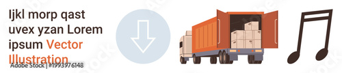 Logistics, transportation, digital services, downloading, music streaming, freight management. A truck carrying boxes, a download symbol and a music note. Logistics and digital services conceptual