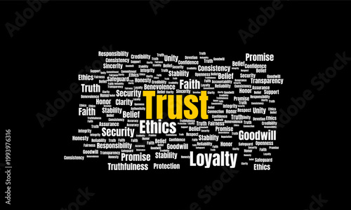 Conceptual Typographic Word Cloud Illustration Emphasizing Trust.  Ethics and Essential Business Values Principle.