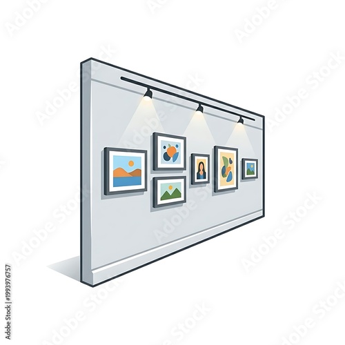 Art gallery wall with pictures illuminated by spotlights in white room