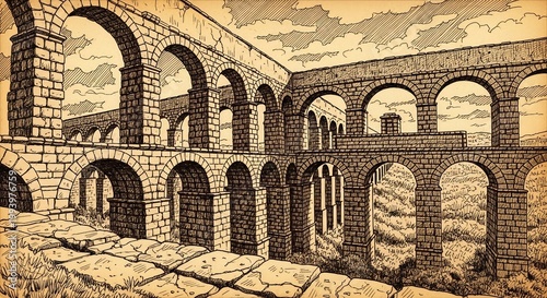 Ancient Roman Aqueduct Arches Illustration.